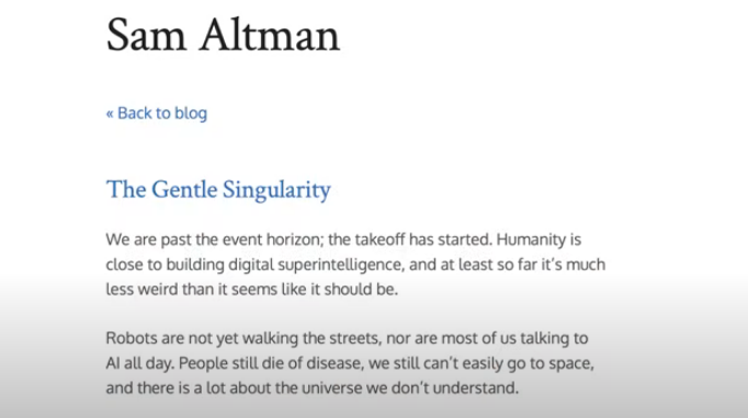 An artistic representation of Sam Altman's The Gentle Singularity essay with a cosmic background.