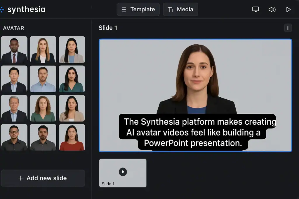 The Synthesia platform makes creating AI avatar videos feel like building a PowerPoint presentation.