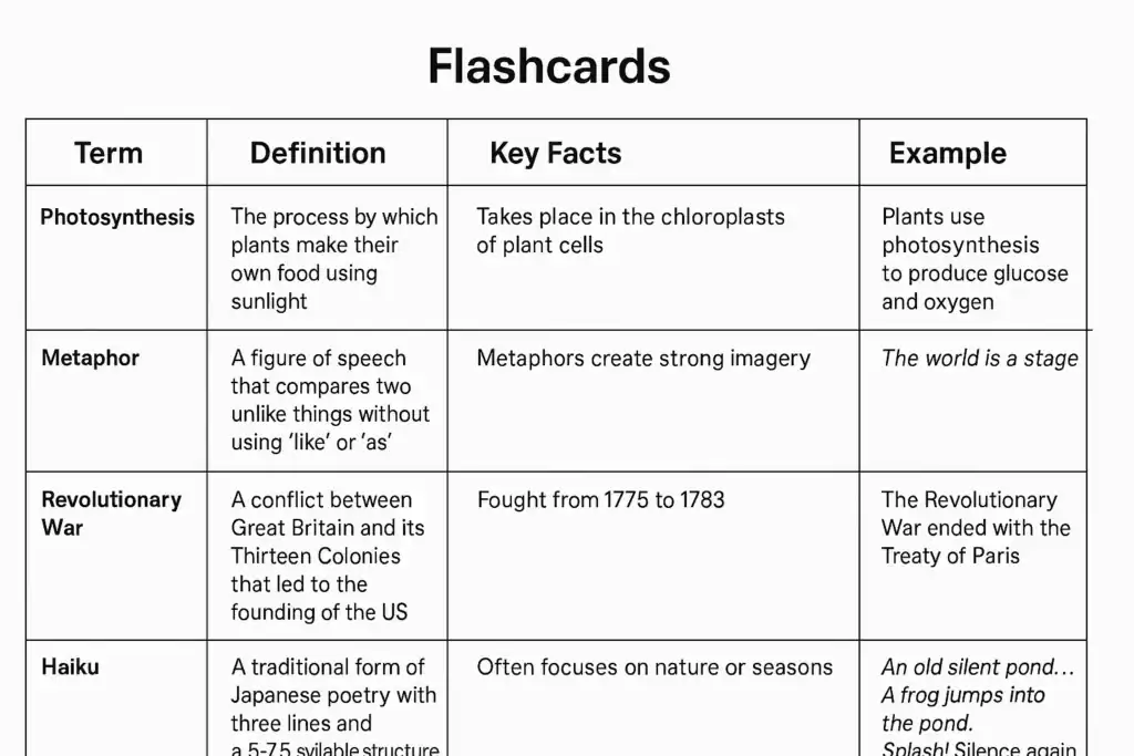 Gemini's ability to generate structured data like this table is key to creating flashcards quickly