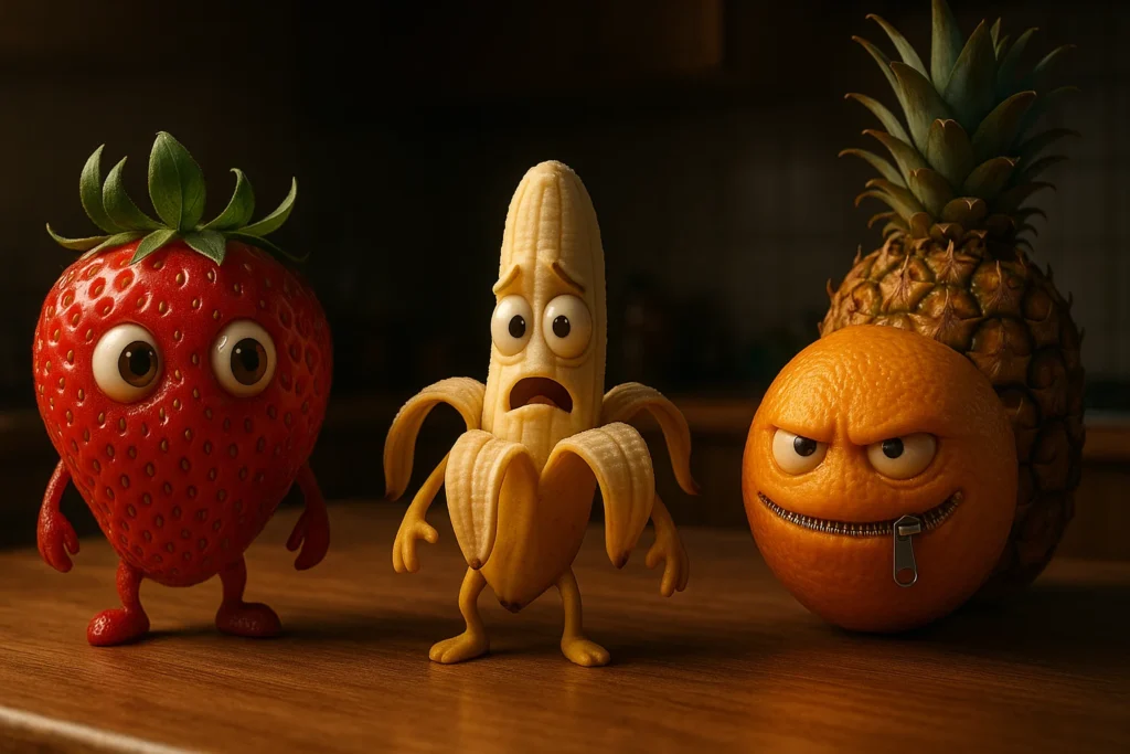 The "Fruit Creatures" niche combines familiar objects with bizarre characters to create viral content.