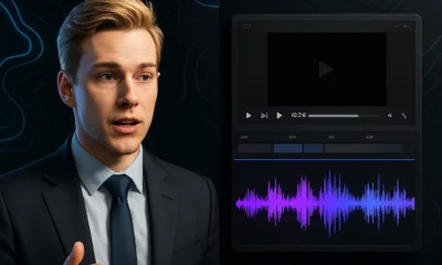 A dynamic and modern digital art piece for a blog featured image. A split-screen composition: on the left, a hyper-realistic, AI-generated male avatar with blond hair dressed in a business suit is speaking articulately. On the right, a sleek video editing interface is shown with glowing purple and blue audio waveforms. The background is dark with abstract, glowing topographic line patterns. The overall aesthetic is innovative, high-tech, and professional. --ar 16:9 --style raw