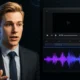 A dynamic and modern digital art piece for a blog featured image. A split-screen composition: on the left, a hyper-realistic, AI-generated male avatar with blond hair dressed in a business suit is speaking articulately. On the right, a sleek video editing interface is shown with glowing purple and blue audio waveforms. The background is dark with abstract, glowing topographic line patterns. The overall aesthetic is innovative, high-tech, and professional. --ar 16:9 --style raw