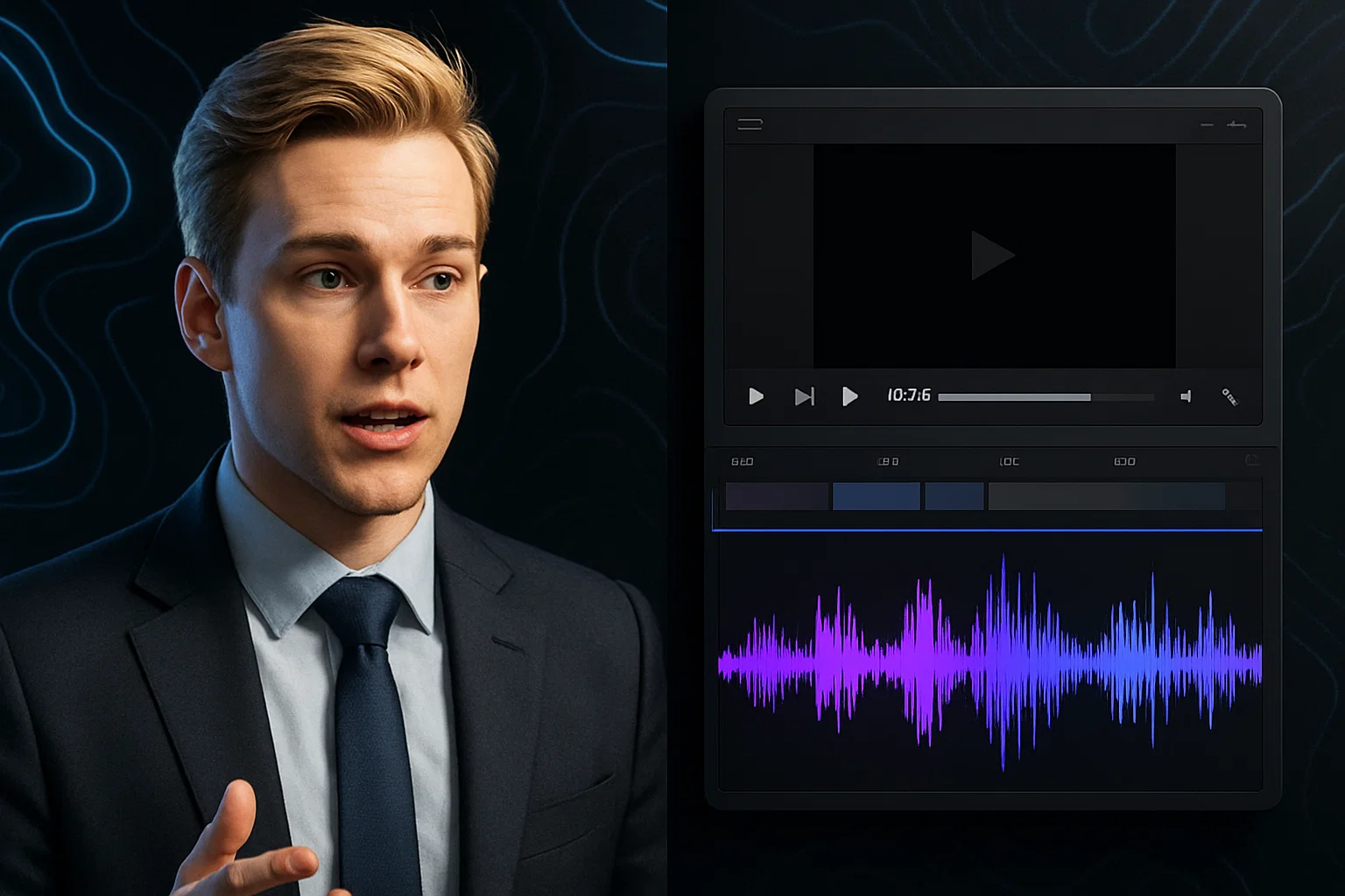 A dynamic and modern digital art piece for a blog featured image. A split-screen composition: on the left, a hyper-realistic, AI-generated male avatar with blond hair dressed in a business suit is speaking articulately. On the right, a sleek video editing interface is shown with glowing purple and blue audio waveforms. The background is dark with abstract, glowing topographic line patterns. The overall aesthetic is innovative, high-tech, and professional. --ar 16:9 --style raw