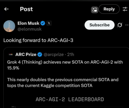 Elon Musk looking forward to ARC-AGI-3 after Grok 4's dominant performance.
