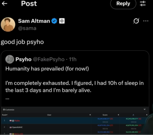 Sam Altman, CEO of OpenAI, congratulates the human winner, Psyho.