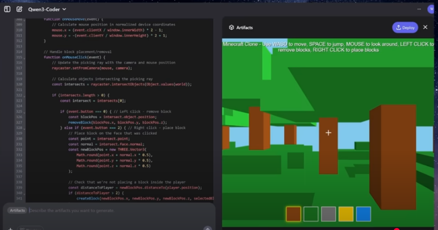 Qwen3-Coder demonstrating its ability to generate a functional Minecraft clone from a simple prompt.