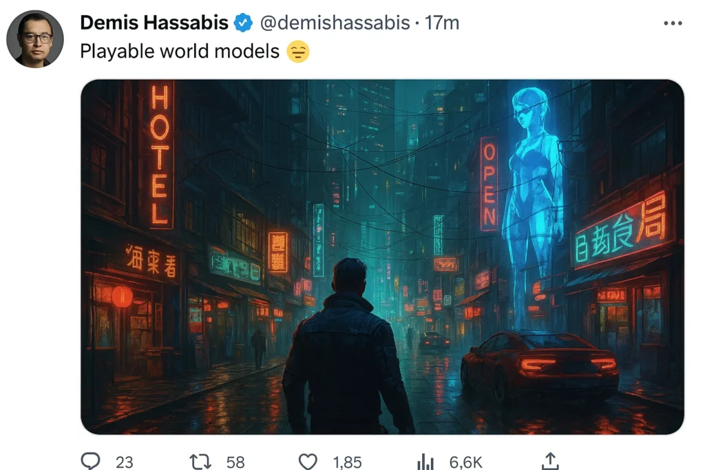Demis Hassabis's tweet hinting at Playable World Models, showing a cyberpunk video game world.