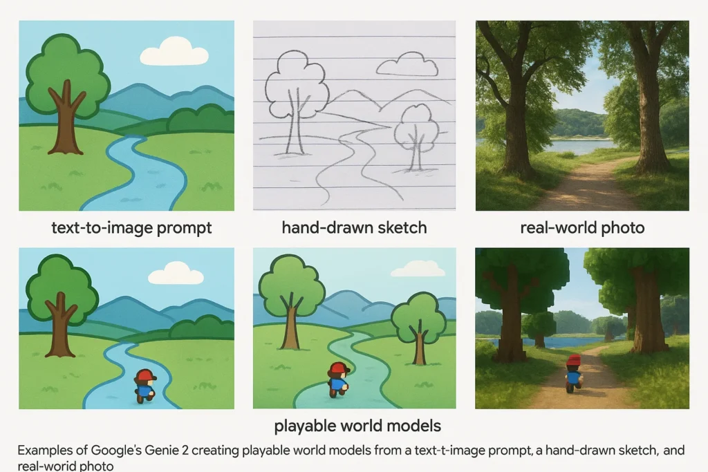 Examples of Google's Genie 2 creating playable world models from a text-to-image prompt, a hand-drawn sketch, and a real-world photo.
