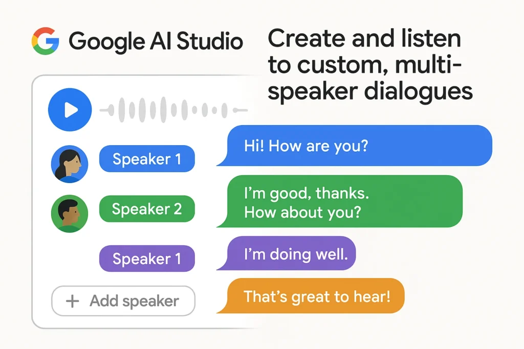 Google AI Studio allows you to create and listen to custom, multi-speaker dialogues.