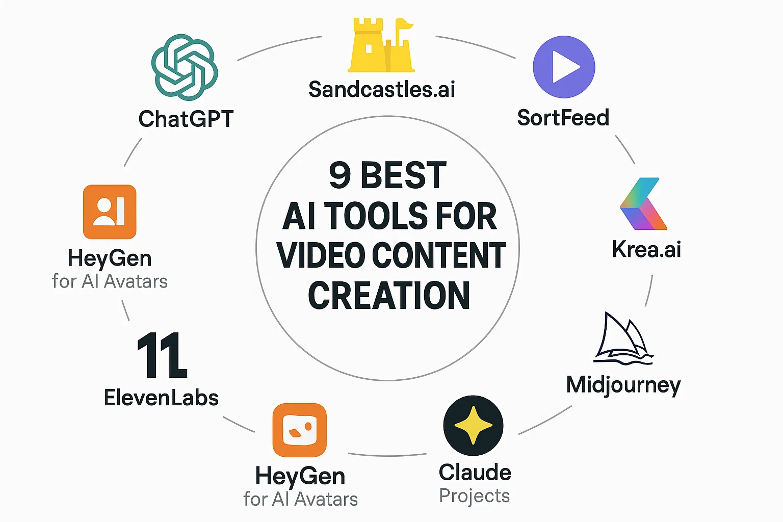 A graphic showcasing the 9 best AI tools for video content creation, with logos rotating around a central title.
