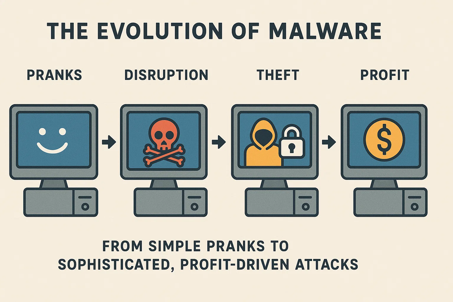 The evolution of malware from simple pranks to sophisticated, profit-driven attacks.