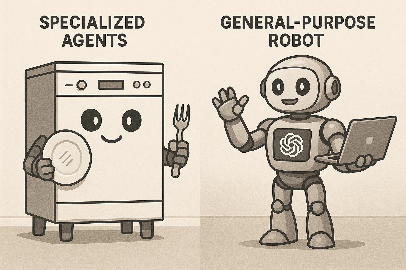 Specialized agents are like dishwashers, while the new ChatGPT Agent acts like a general-purpose robot for digital tasks.