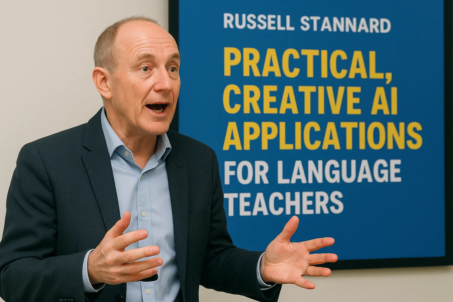Russell Stannard's presentation focuses on practical, creative AI applications for language teachers.