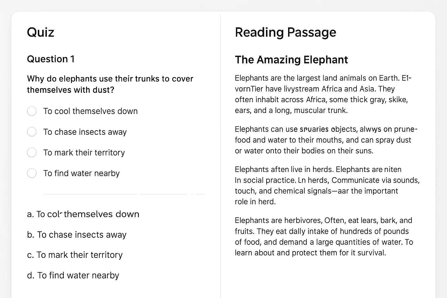The student view is professional and easy to navigate, with the quiz and reading passage side-by-side.