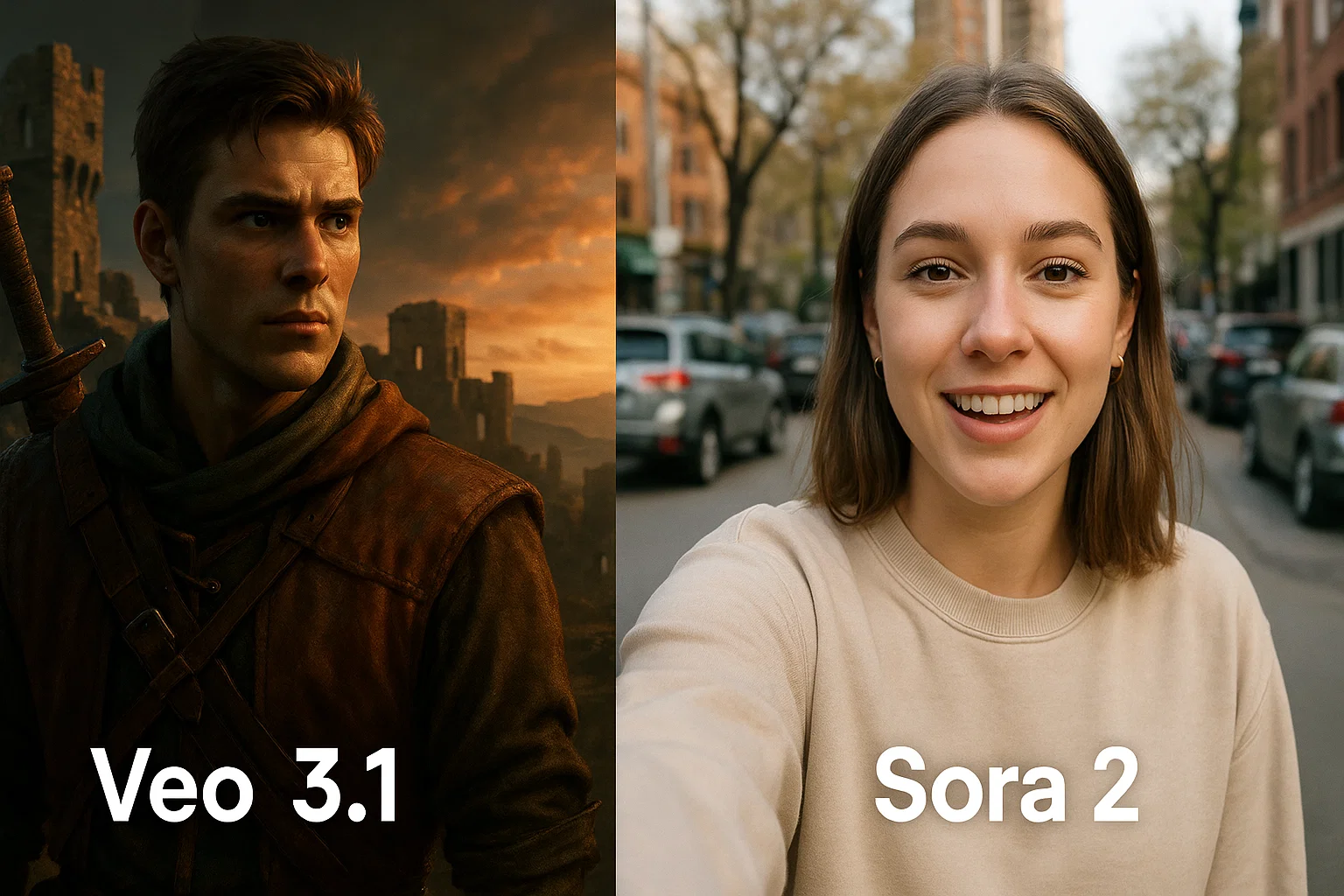 Veo 3.1 (left) creates a game-like cinematic, while Sora 2 (right) generated a realistic vlogger using its Cameo feature.