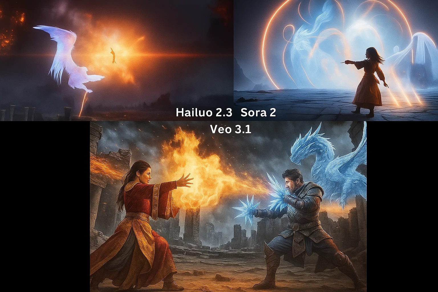 A comparison of high-action scenes generated by Hailuo 2.3, Sora 2, and Veo 3.1.